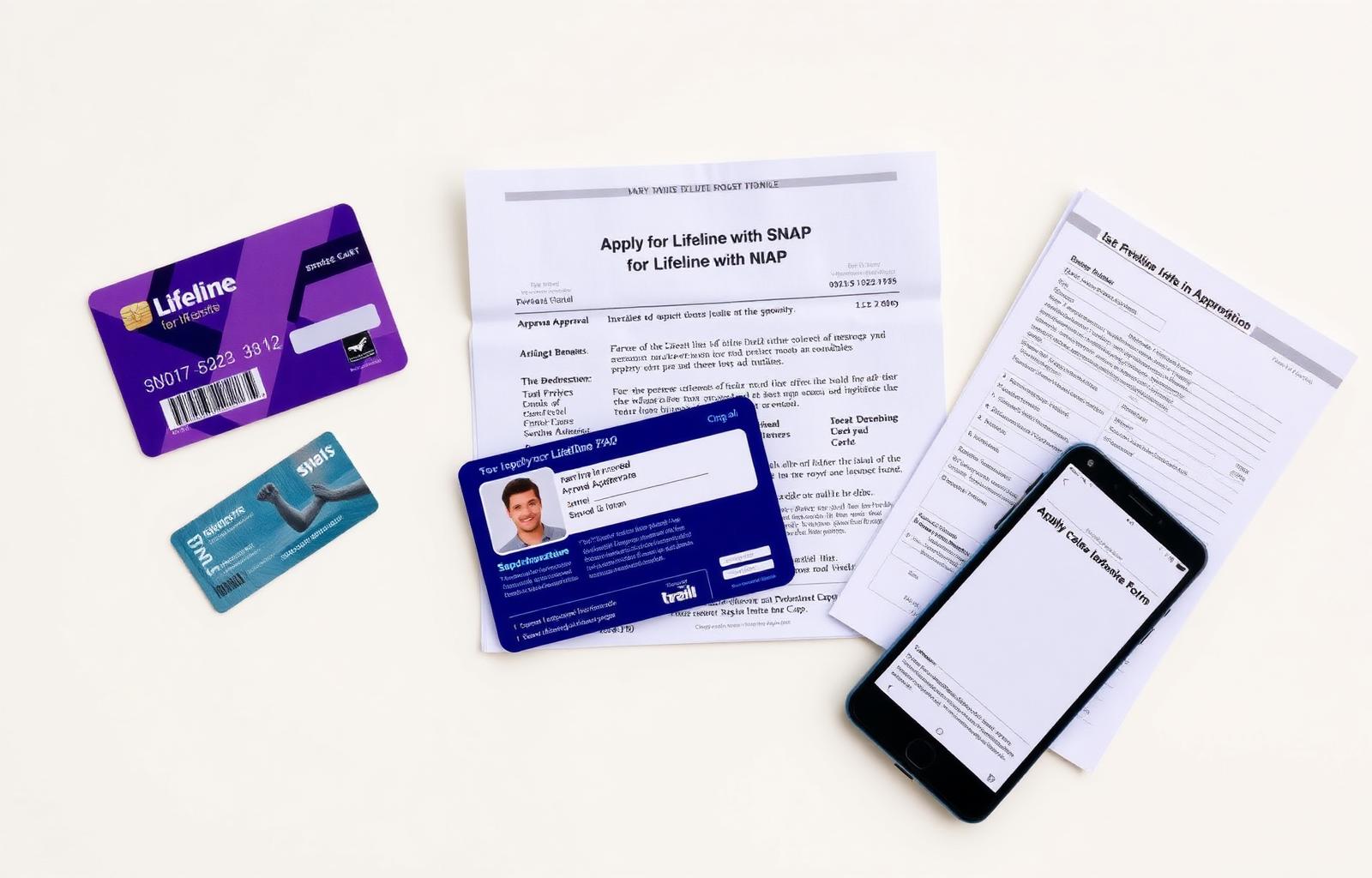 Overhead flat-lay of documents needed to apply for Lifeline with SNAP - a purple EBT card, state photo ID, benefits approval letter, utility bill and a smartphone with a blank application form