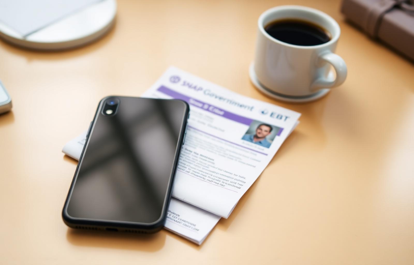 Refurbished older-model iPhone resting on a folded SNAP EBT government benefits letter and photo ID - representing the EBT-to-Lifeline pathway for a free iPhone in 2026