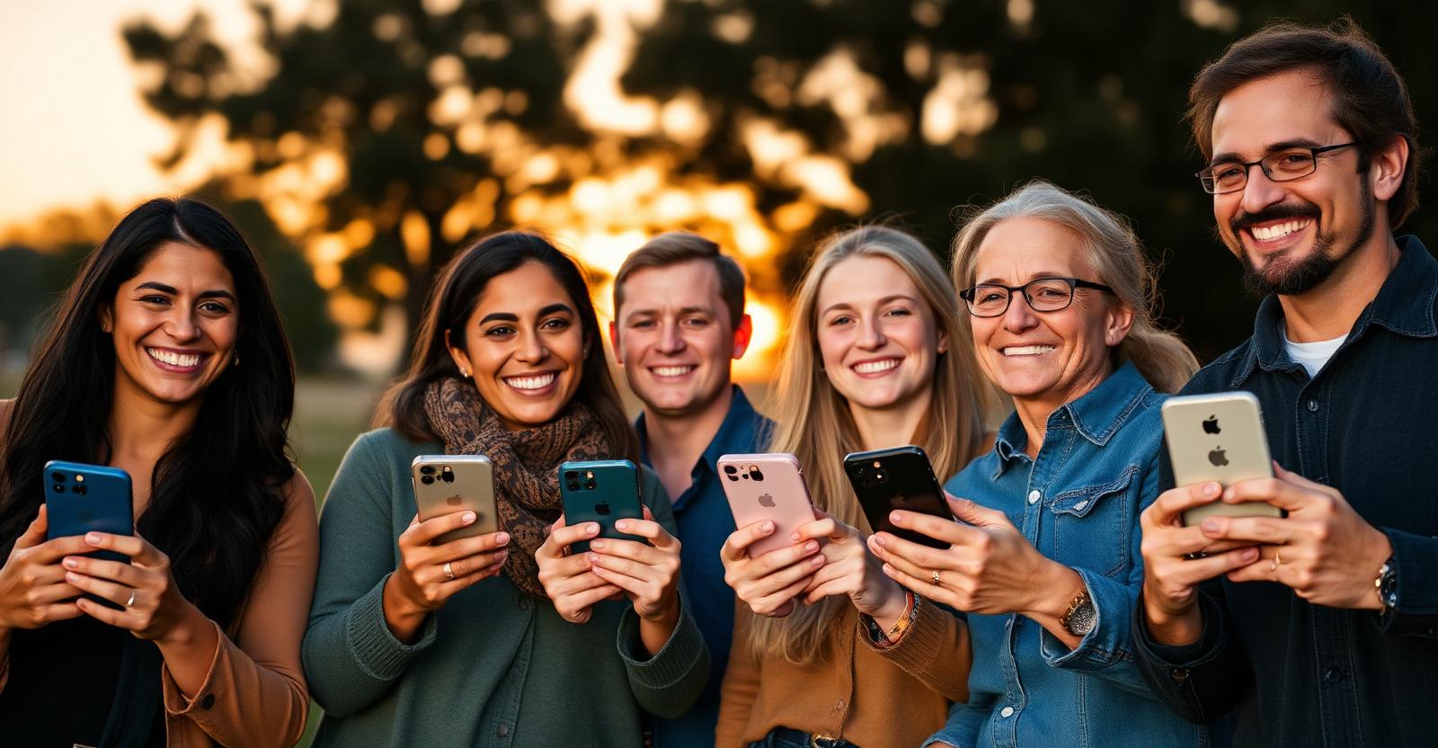 Diverse Americans holding free iPhones received through the federal Lifeline benefit program