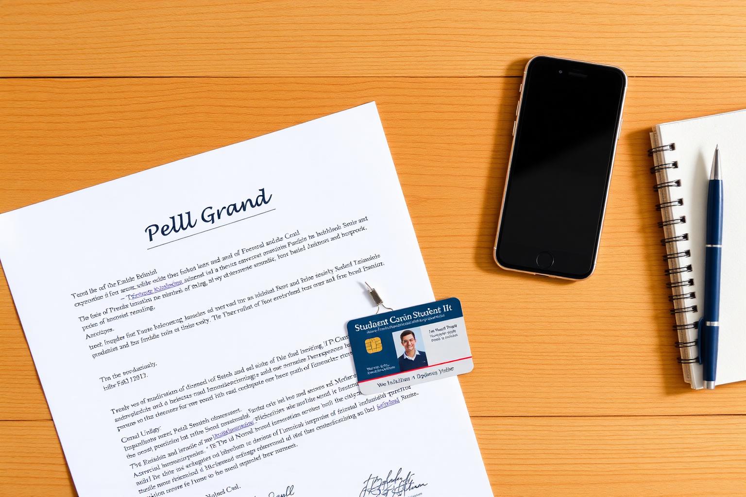 Pell Grant award letter, student ID card, and iPhone on a wooden desk